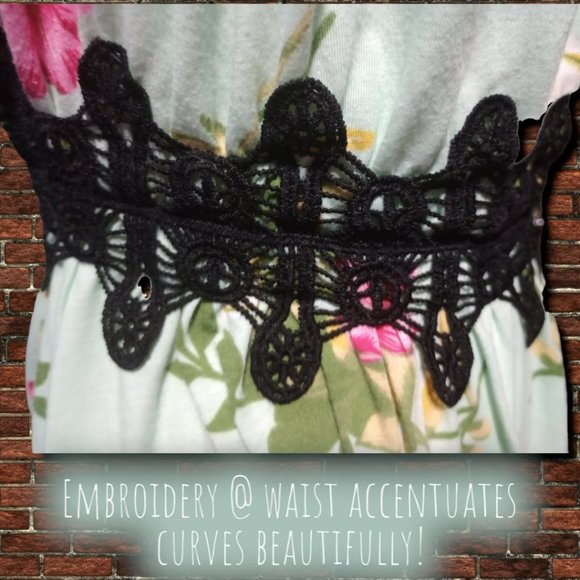 Off Shoulder Mint Green Floral Hi-Lo Dress w/Black Embroidery Accenting Waist - Picture 6 of 8